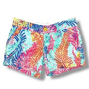 Lilly Pulitzer Callahan Shorts Size 2 Bright Coral Blue Yellow Leaf Print‎